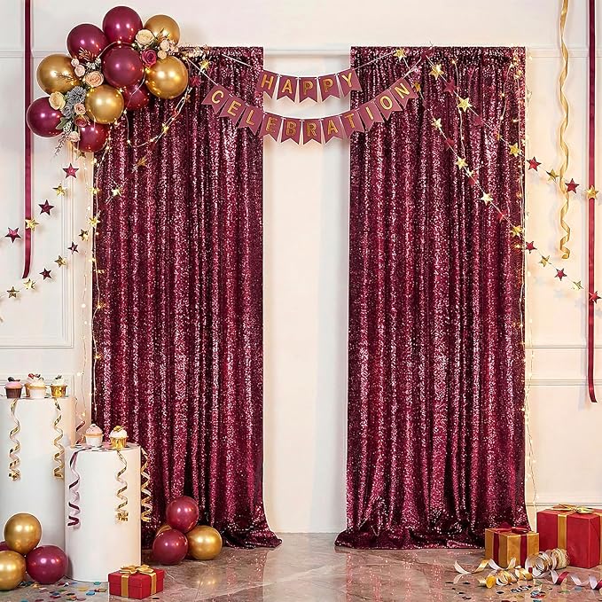 6 Pack 2x8FT Sequin Curtain Backdrop Burgundy Red Party Photo Backdrop for Birthday Girl Princess Bachelorette Wedding Bridal Shower Decorations