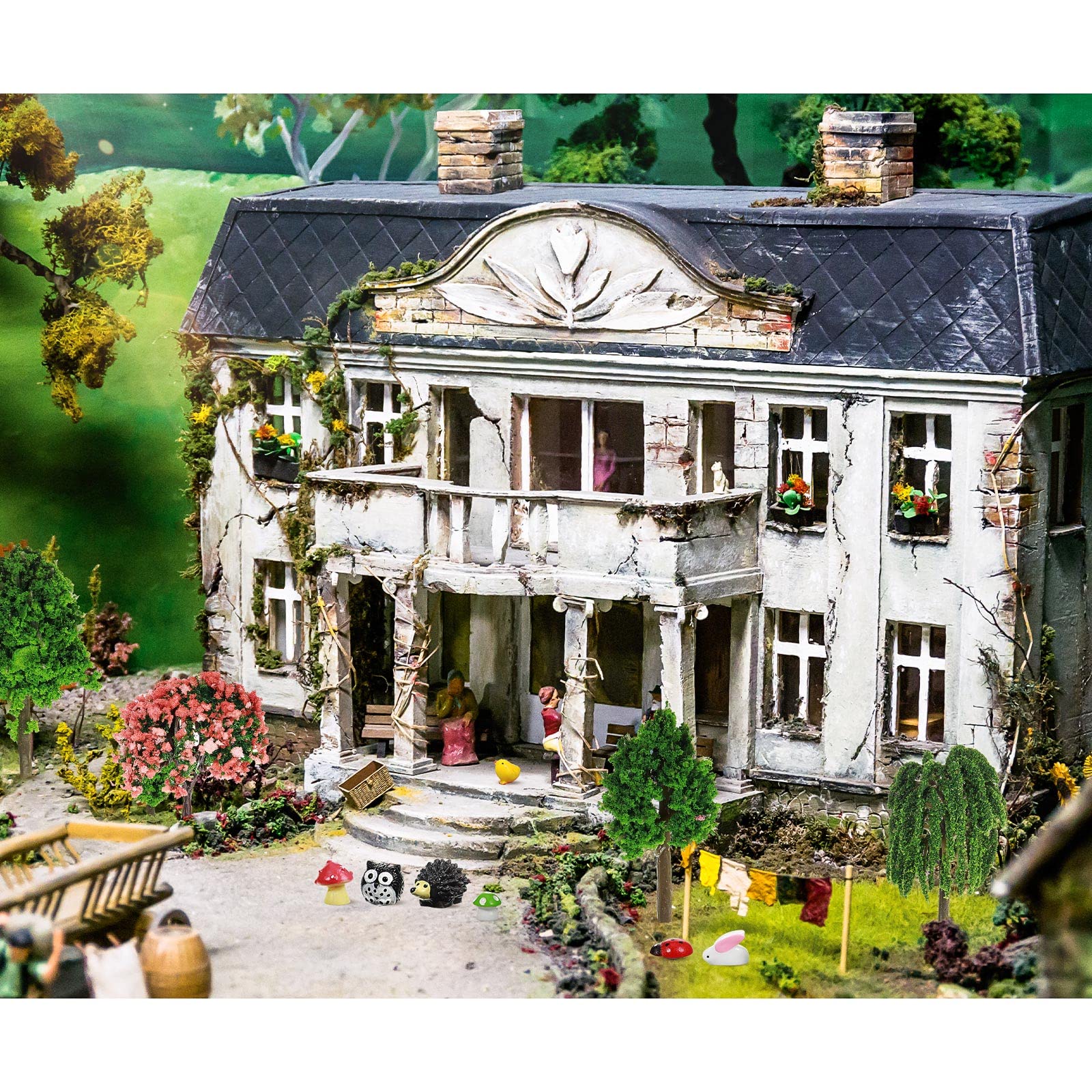 Hoteam 72 Pcs Miniature Garden Accessories Mini Moss Garden Animals Rabbit Owl Miniature Figurines Fake Diorama Trees Natural Outdoor Sheet for DIY Fairy Craft Decor