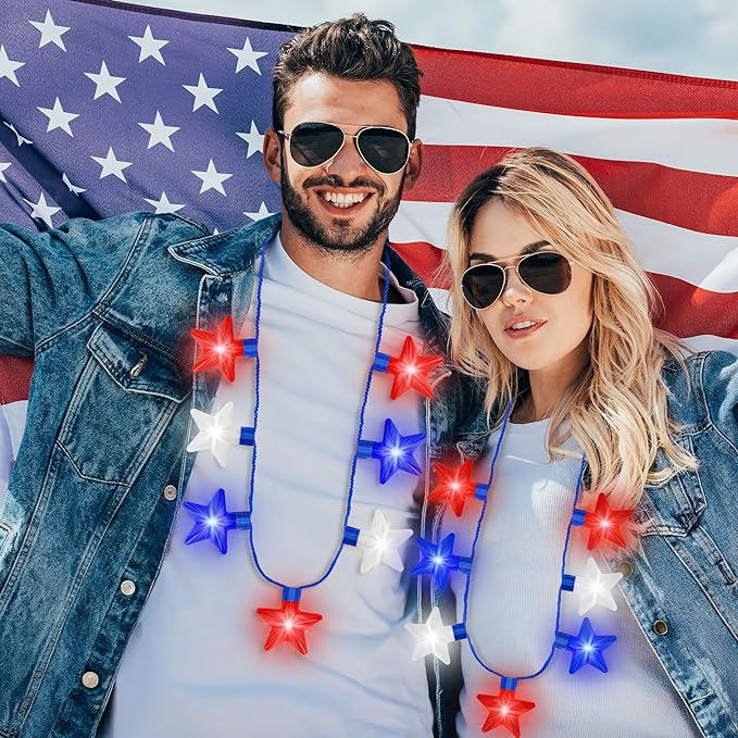 4PCS 4th of July Necklaces, Independence Day Light up Necklace Accessories, Red White Blue Fourth of July 7 Bulb Necklace Bulk, Glow Accessories for Memorial Day Veterans Day Patriotic Party Parades