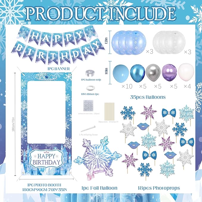 Frozen Birthday Decorations for Women,Happy Birthday Banner,Snowflake Foil Balloon,35 Blue Purple White Balloons,Photo Booth Props for Girls