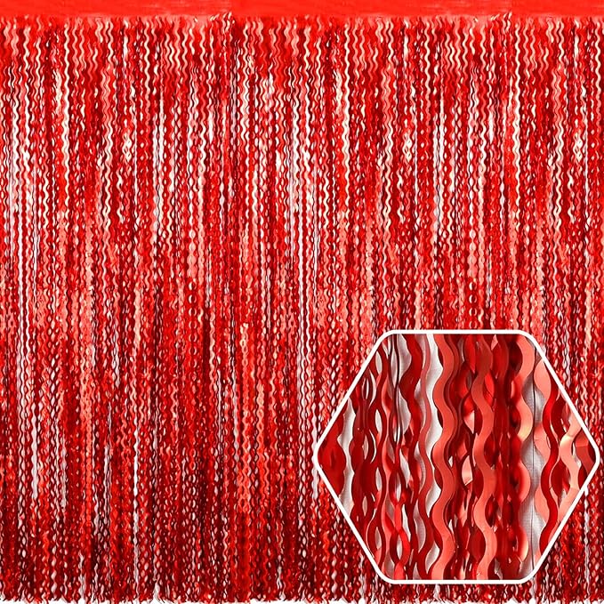 4 Pack Red Wave Foil Fringe Curtain Backdrop, 3.28Ft x 8.2Ft Metallic Tinsel Foil Fringe Streamer Curtains for Photo Booth, Mother's Day, Easter, Birthday, Wedding Party Decoration