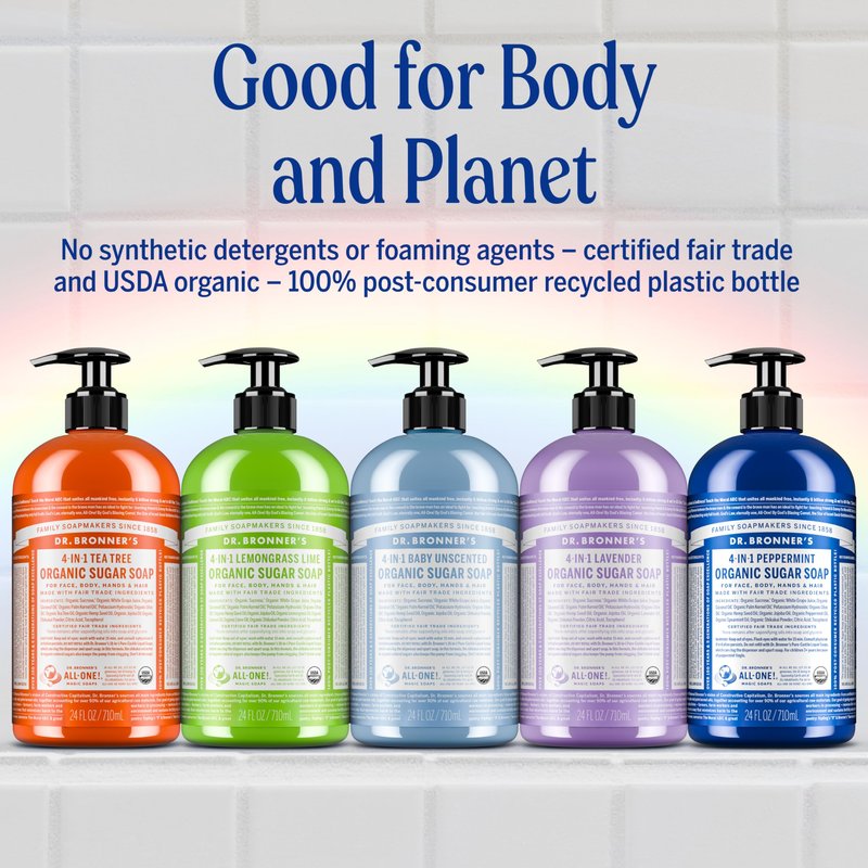 Dr. Bronner's - Organic Sugar Soap (Peppermint, 24 Ounce) - Made with Organic Oils, Sugar & Shikakai Powder, 4-in-1 Uses: Hands, Body, Face & Hair, Cleanses, Moisturizes & Nourishes, Vegan
