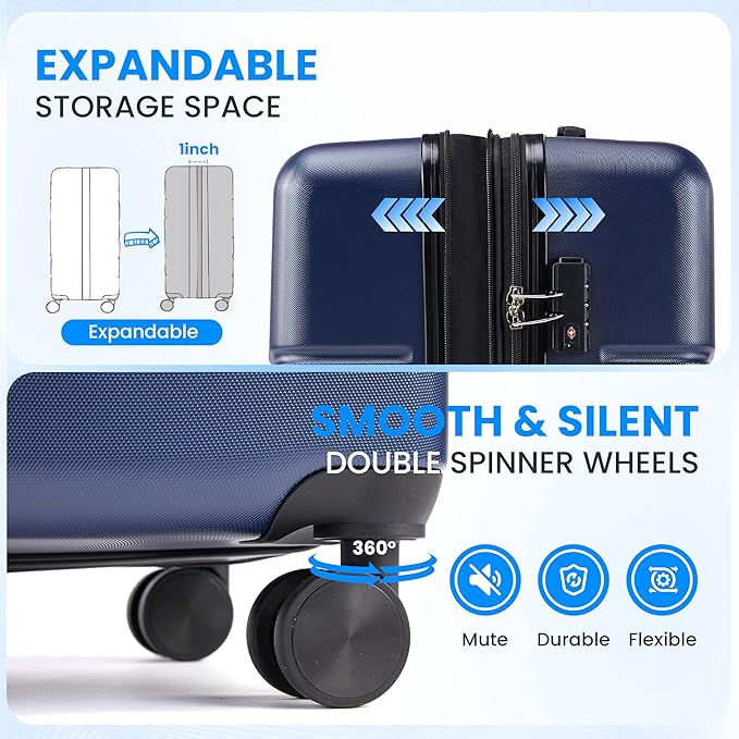 Simple Deluxe 24 Inch Expandable Hardside Carry On with Spinner Wheels & TSA Lock, ABS Hard Shell Lightweight Rolling Luggage Suitcase, Blue