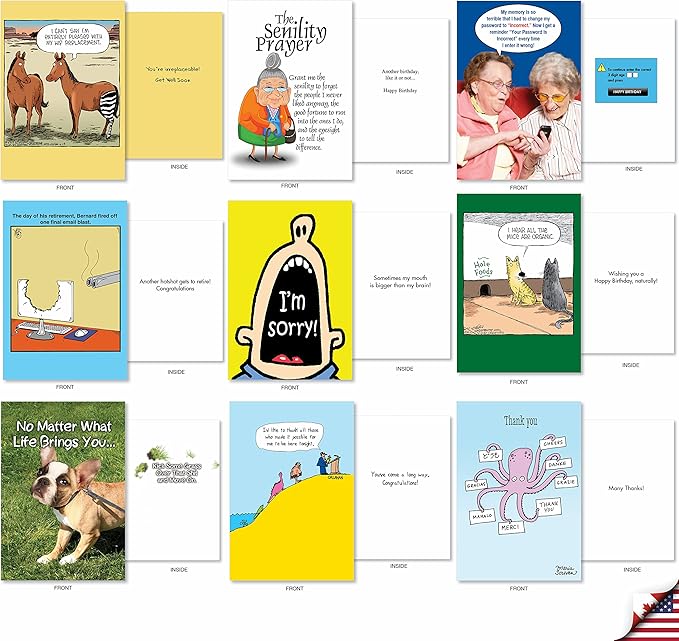 NobleWorks - 36 Assorted Funny Mixed Occasions Cards Box Set with Envelopes - Humor Get Well, Blank Bulk Greeting Card Variety Pack (36 Designs, 1 Each) - Mixed Messages AC9145XXG-B1x36