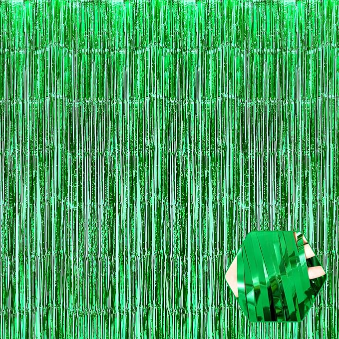 3 Pack Green Foil Fringe Curtain Backdrop, 3.28Ft x 6.6Ft Metallic Tinsel Foil Fringe Streamer Curtains for Photo Booth, Christmas Day, Thanksgiving, Wedding, New Year Party Decorations