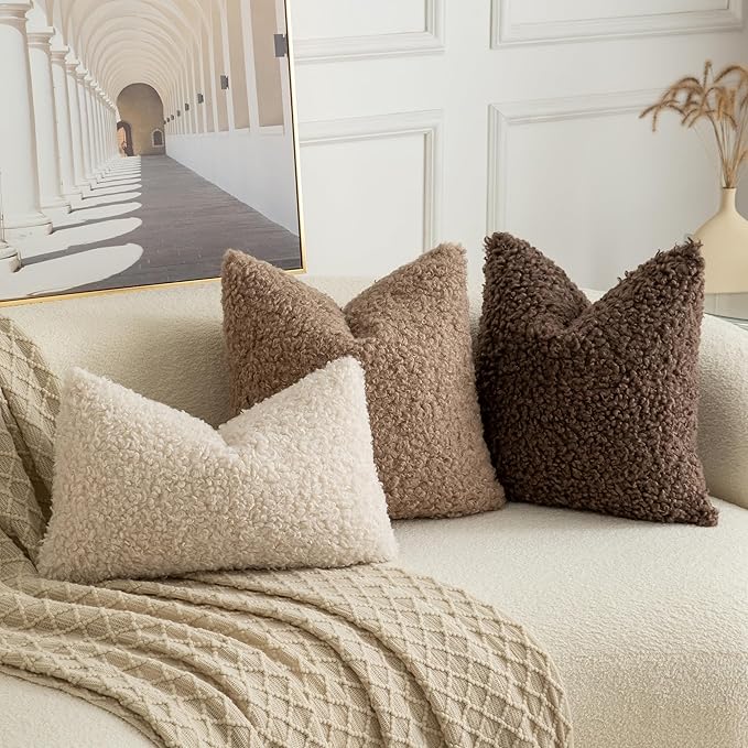 Pack of 2 Curly Teddy Wool Faux Fur Throw Pillow Covers Fuzzy Accent Soft Sherpa Pillowcases Sheepskin Fleece Decorative Cushion Case for Sofa Couch Living Room 24x24 Inch Neutral Light Beige