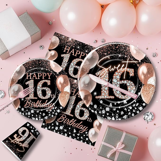 Sweet 16 Birthday Decorations for Girls, Black and Rose Gold Happy 16th Birthday Party Supplies Tableware, Paper Plate, Napkin, Cup, Disposable Cutlery, Tablecloth, Banner, Swirls, Serves 24