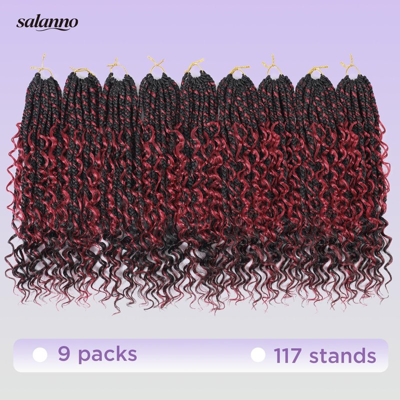 SALANNO Tornado Colorful Spirals Goddess Pre-looped Box Braid Extensions Crochet Hair for Black Women - Synthetic Boho Crochet Braids with Curly Ends(14inch, 9packs, 1B/132)