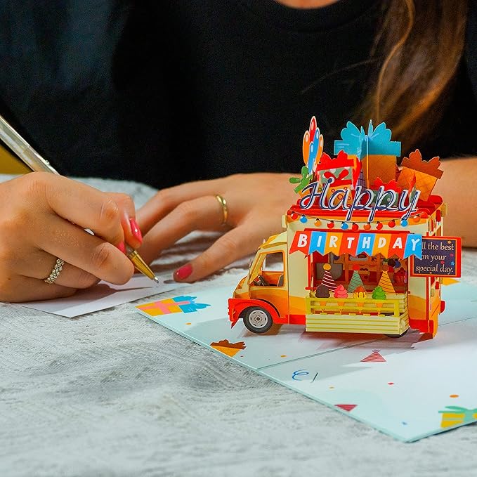 Paper Love Happy Birthday Card, 3D Ice Cream Truck Pop Up Birthday Card, For Boys and Kids - 5"x7" Cover - Includes Envelope and Note Tag