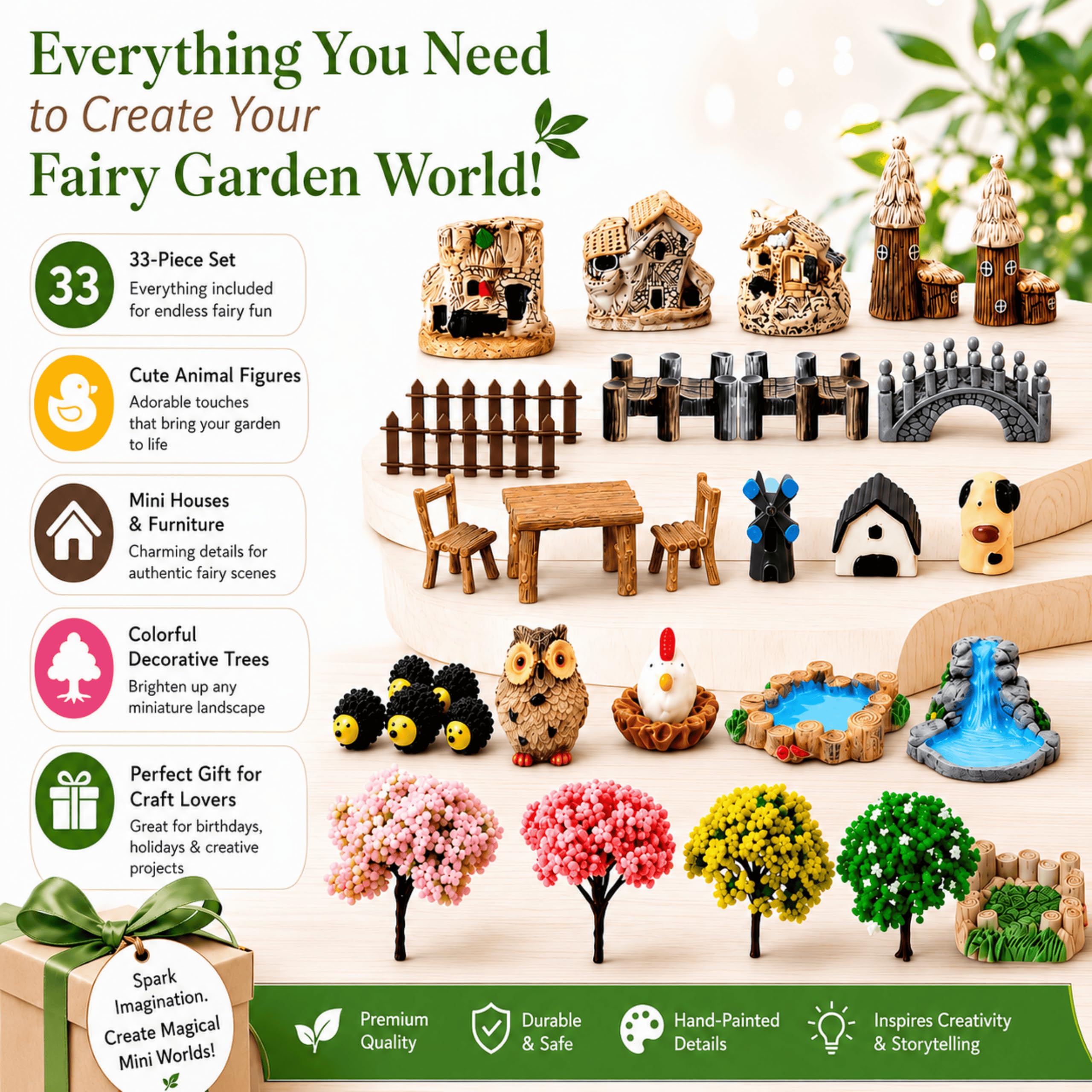 SangHW 33 Pcs Fairy Garden Kit, Resin Fairy House Accessories with Animal Figurines & Fences, Stable & Noticeable Terrarium Decor for Outdoor Planters and DIY Micro Landscapes