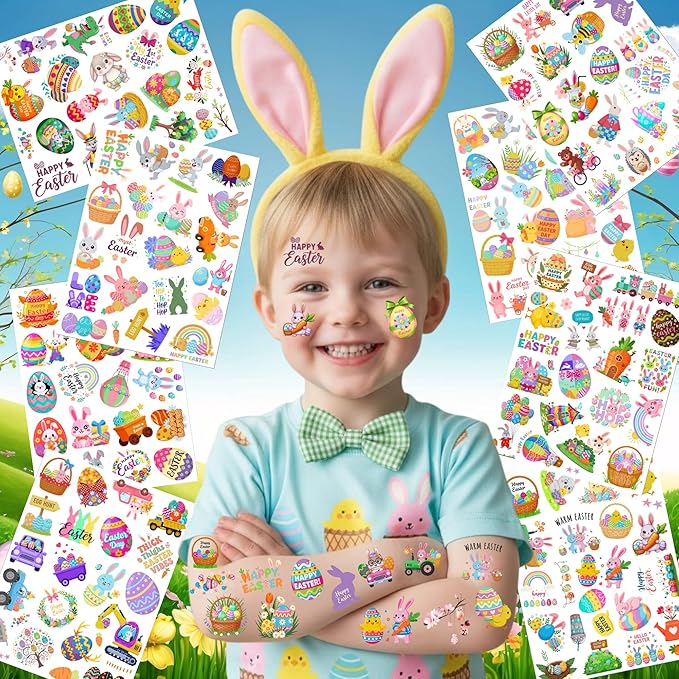 160PCS Easter Day Temporary Tattoos Stickers | Spring Easter Day Party Favors Basket Stuffers Party Supplies Holiday Decorations Eggs Bunny Flower Craft Gift Idea For Kids Boy Girl Teen Adult-8Sheets