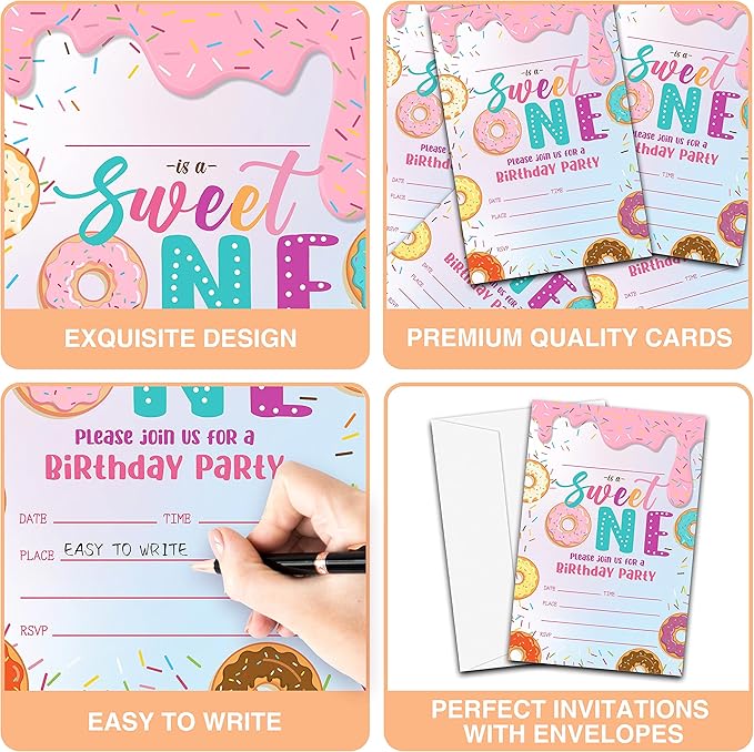 Donut Sweet One Birthday Party Invitations, 20-Count Donut First Birthday Party Invites With Envelopes-HBYQK-B46