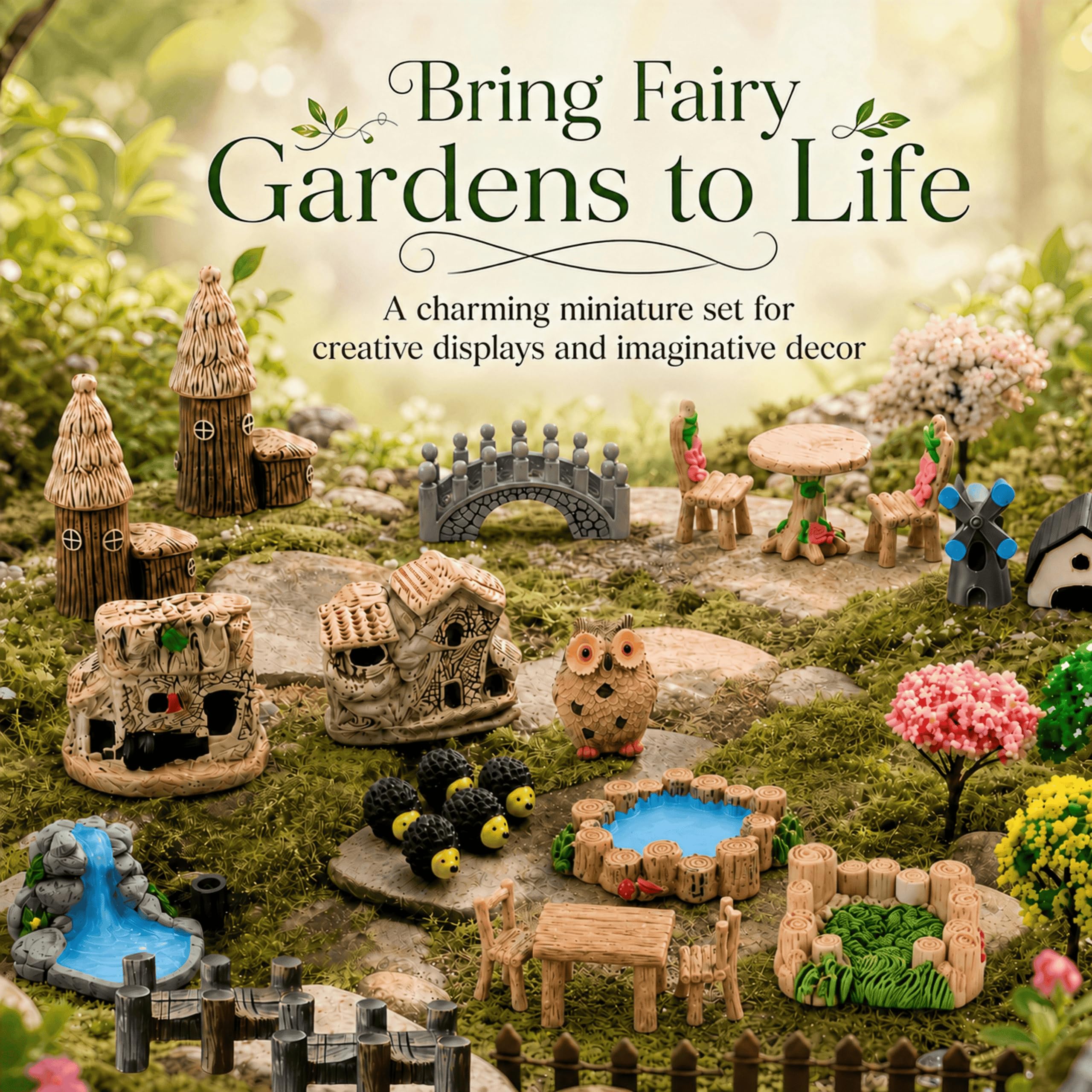 SangHW 33 Pcs Fairy Garden Kit, Resin Fairy House Accessories with Animal Figurines & Fences, Stable & Noticeable Terrarium Decor for Outdoor Planters and DIY Micro Landscapes