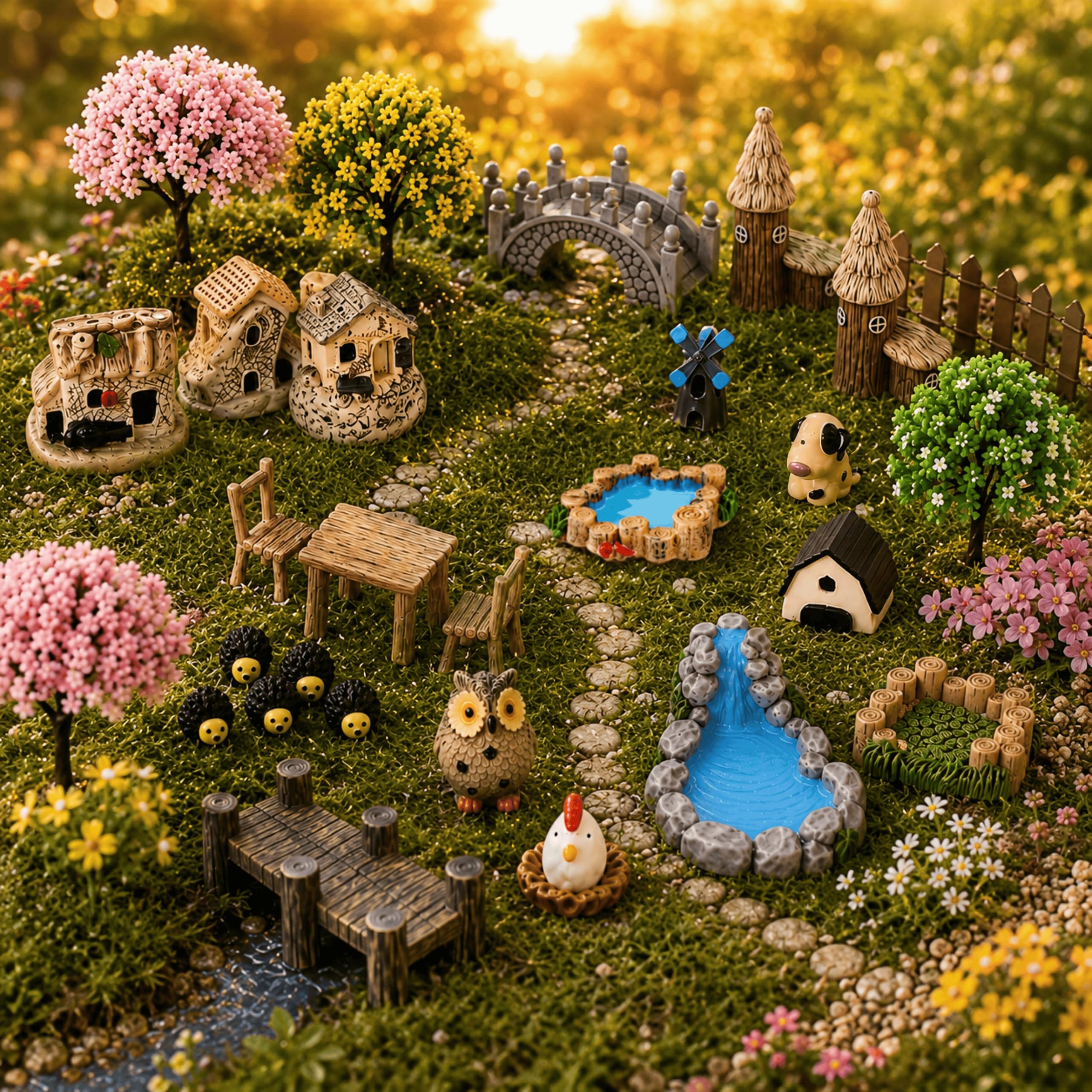 SangHW 33 Pcs Fairy Garden Kit, Resin Fairy House Accessories with Animal Figurines & Fences, Stable & Noticeable Terrarium Decor for Outdoor Planters and DIY Micro Landscapes