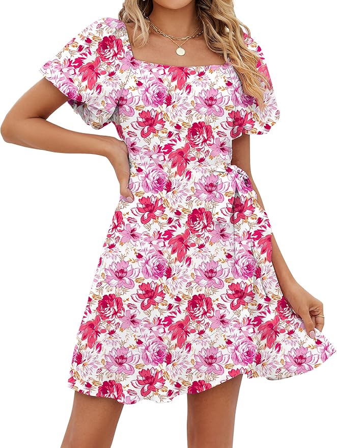 Sampeel Womens Summer Dresses Square Neck Puff Sleeve Tie Waist Short Dress