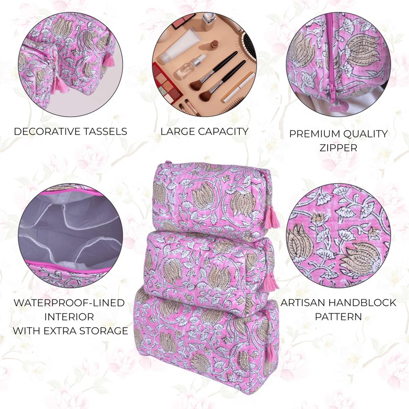 Quilted Floral Block Print Makeup Bag Set of 3 – Cotton Travel Toiletry and Makeup Organizer, Cosmetic Pouch, Toiletry Bag for Women, Cute Boho Coquette Make Up Bags for Women (Small, Medium, Large)