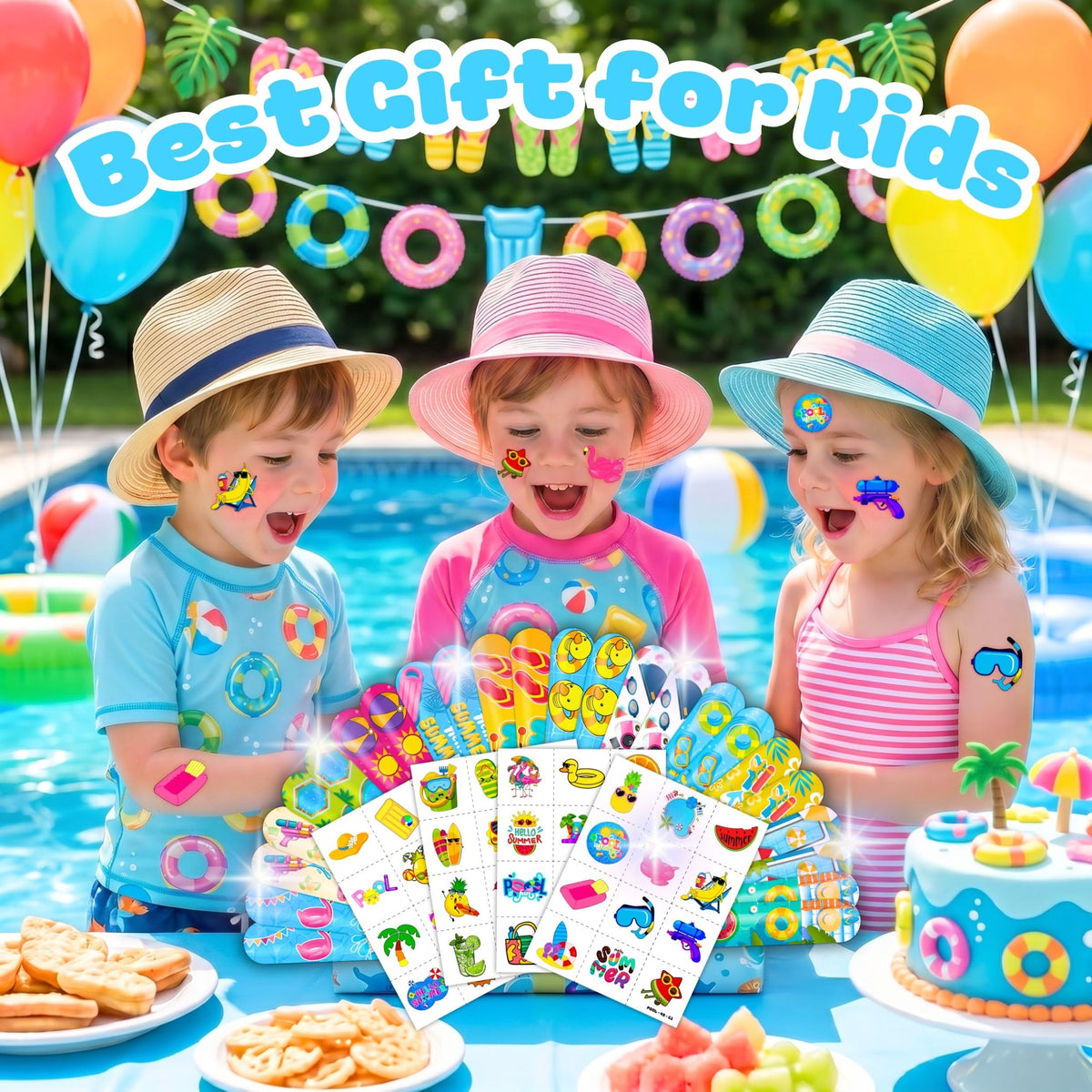 Cherisnowy 72PCS Pool Beach Summer Party Favors, Tattoos & Slap Bracelets