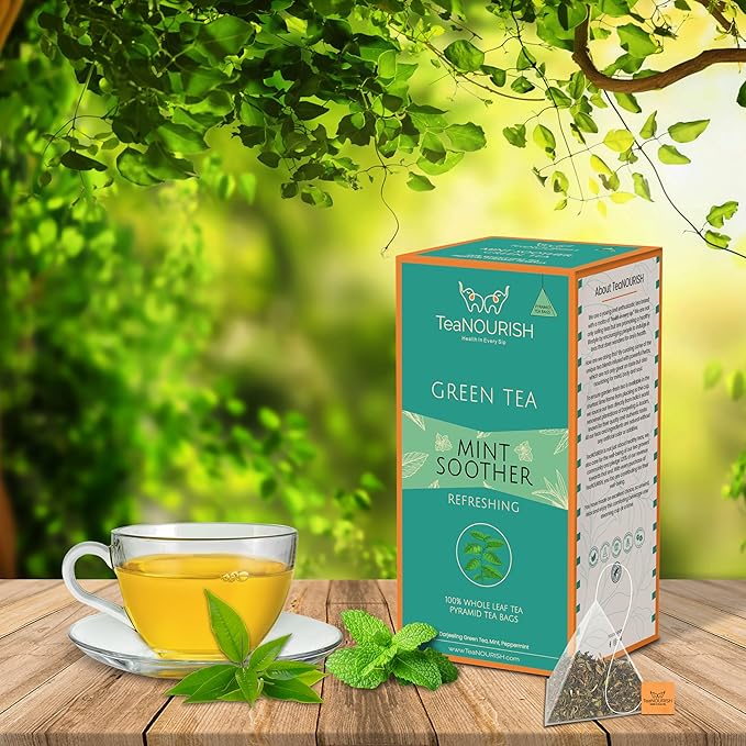 TeaNOURISH Mint Soother Green Tea | 20 Count Pyramid Tea Bags | Darjeeling Whole Leaves | Blended with Fresh Mint & Peppermint Leaves | Refreshing & Calming Tea