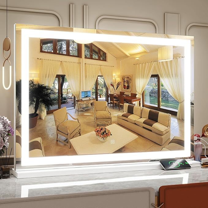Vanity Mirror with Lights, 32" x 22" Large Lighted Vanity Mirror with Dimmable 3 Modes, LED Makeup Mirror, USB Charging Port, Tabletop or Wall-Mounted Square White