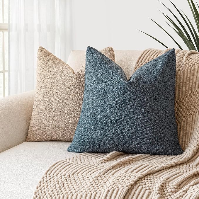 Foindtower Set of 2, Decorative Textured Boucle Throw Pillow Covers Accent Solid Pillow Cases Neutral Soft Cozy Couch Cushion Case for Chair Sofa Bedroom Living Room Home Decor 24 x 24 Inch Blue