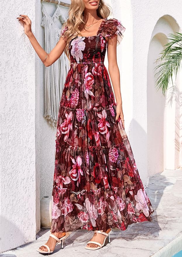 PRETTYGARDEN Women's Summer Tulle Midi Dress Sleeveless Smocked Ruffle Flowy Mesh Dresses Party Wedding Guest Sundress