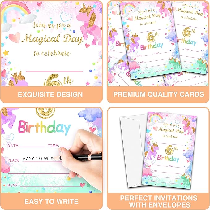 6th Birthday Party Invitations, 20-Count Magical Day Birthday Party Invites With Envelopes-HBYQK-B11