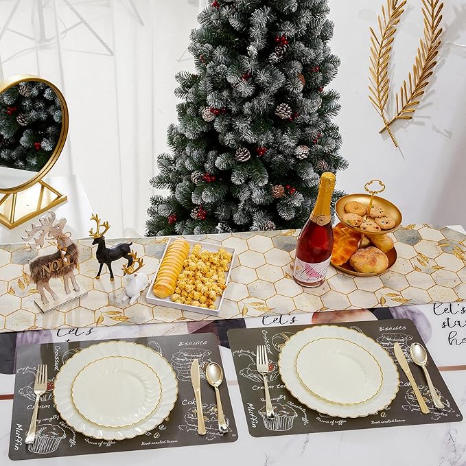 Lullaby 60PCS Ivory Scalloped Plastic Plates with Gold Rim, Disposable Elegant Plates Include 30pcs Dinner Plate 10.25", 30pcs Plastic Dessert Plate 7.5", Perfect for Wedding and Party