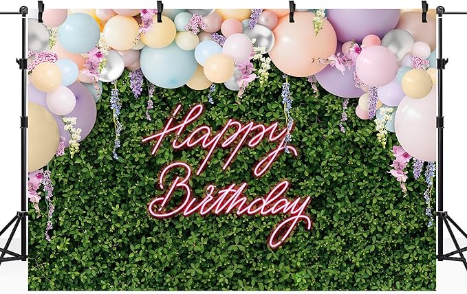 Riyidecor Green Leaves Happy Birthday Backdrop Polyester Fabric for Women Girls Neon Balloons Flower Wall Spring 7Wx5H Feet Rustic Plant Botanical Photography Background Birthday Photo Studio Shoot