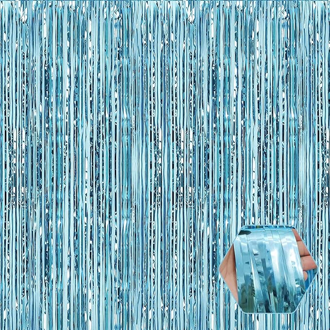 3 Pack Light Blue Foil Fringe Curtain Backdrop, 3.28Ft x 6.6Ft Metallic Tinsel Foil Fringe Streamer Curtains for Photo Booth, Christmas Day, Thanksgiving, Wedding, New Year Party Decorations