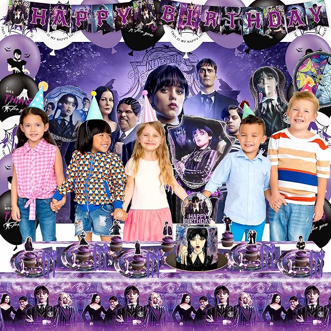 Wednesday Inspire Birthday Party Decorations, Wednesday Inspire Party Supplies Set Include Banner, Backdrop, Foil Latex Balloons, Tablecloth, Cake Toppers, Tableware