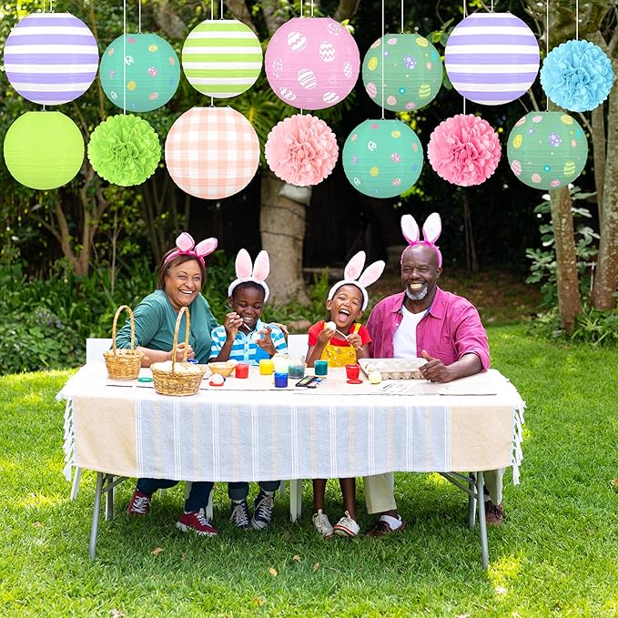 14pcs Easter Party Hanging Decorations – Vintage Paper Lanterns and Pom Poms Set for Classroom, Birthday Supplies, Egg Hunt, Indoor Home Spring Decor