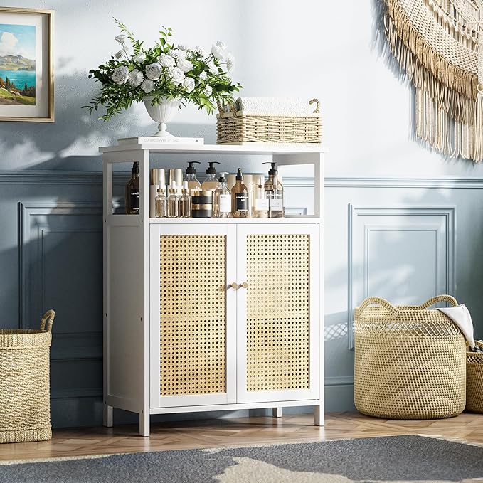 HITNET Bamboo Cabinet, Rattan Storage Cabinet with Doors, Freestanding Floor Cupboard for Bathroom, Living Room, Hallway, White