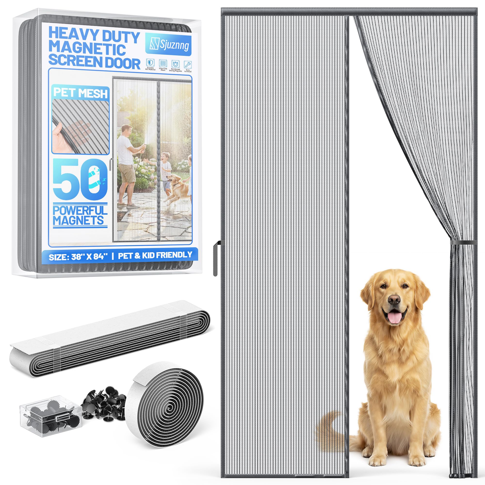 Heavy Duty Magnetic Screen Door Mesh - Auto-Sealing Hand-Free Door Net Screen with 50 Magnets, Pet & Kid Friendly, PET Fine Mesh Doors Screens Keep Bugs & Mosquitos Out Fits Front Doors Size 36” x 82”