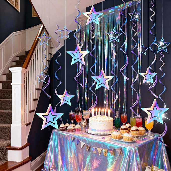 BTSD-home Iridescent Star Garland Decorations Holographic Hanging 3D Twinkle Stars Spira Swirl Ribbons Birthday Wedding Backdrop Galaxy Party Decor Space Starry Night Theme Party Supplies