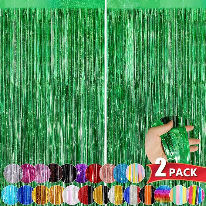 Green Metallic Tinsel Foil Fringe Curtains, 2 Pack 3.3x8.3 Feet Party Streamer for Birthday Party Decorations, Halloween Decor, Foil Curtain Backdrop for Christmas Party Decorations