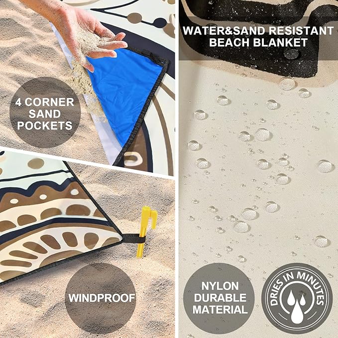WIWIGO Beach Blanket Waterproof Sandproof Beach Mat 79" X 83"/10'x9'for 2-8 Adults Quick Drying Outdoor Picnic Mat Beach Accessories for Travel, Camping, Hiking