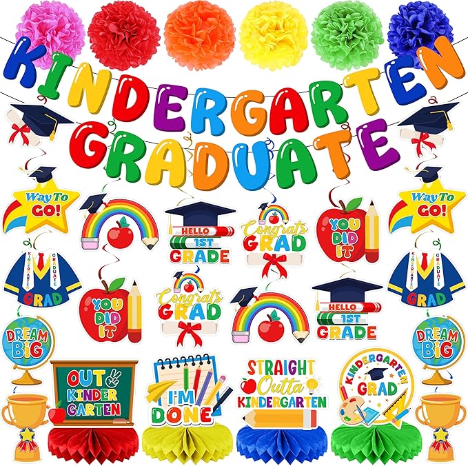 Preschool Graduation Decorations Set, Congrats Grad Decor Kit - 27 PCS with Banner, Pom Poms, Hanging Swirls & Centerpieces, Class of 2026 Party Supplies