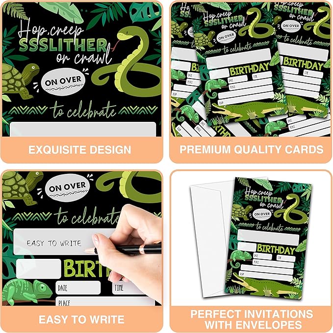 Reptile Birthday Party Invitations, 20-Count Snake Lizard Crocodile Theme Birthday Party Invites With Envelopes-HBYQK-B36