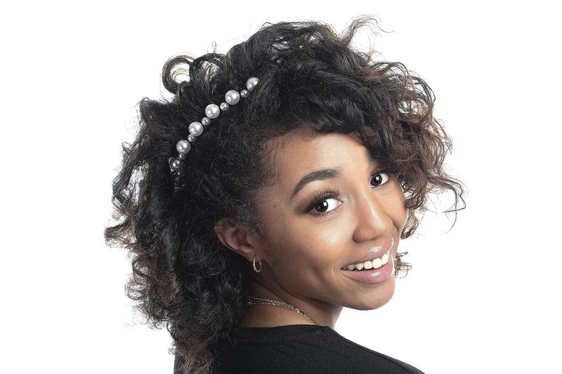 Stretch Banana clips (2-Pack) - Hair Combs for Thick or Natural Hair - Comfortable all-day hold for updo hairstyles (Large, Black Satin Cord wrap and White faux Pearl bead)
