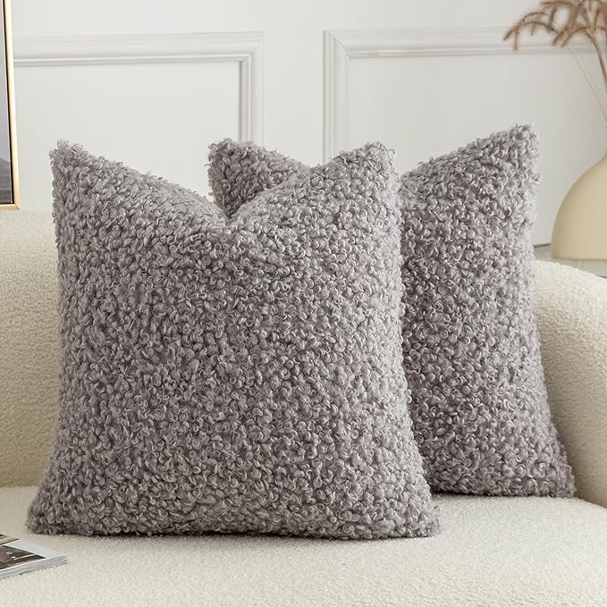 Pack of 2 Curly Teddy Wool Faux Fur Throw Pillow Covers Fuzzy Accent Soft Sherpa Pillowcases Sheepskin Fleece Decorative Cushion Case for Sofa Couch Living Room 24x24 Inch Light Grey