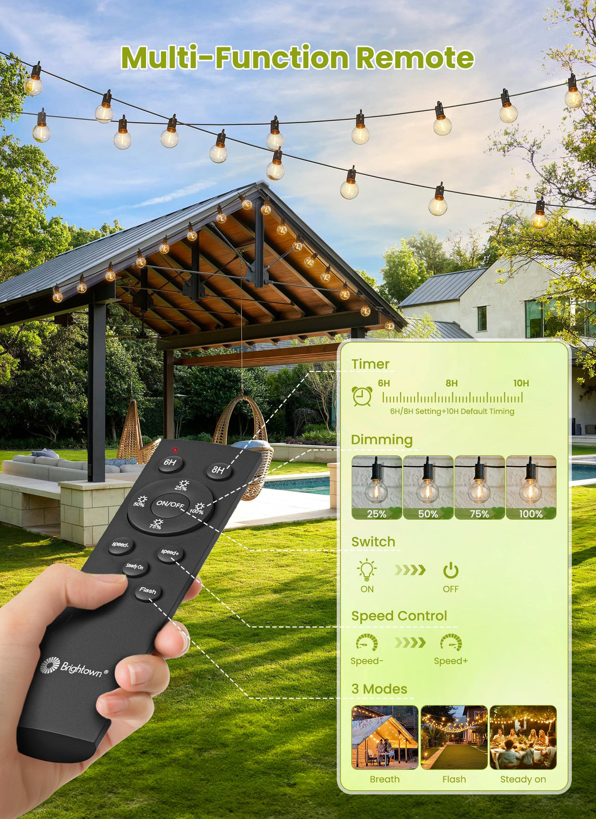 Brightown 58FT Solar String Lights Outdoor, IP65 Waterproof, Remote, Timer
