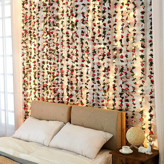 MARTINE MALL Flower Garland - 5 Strand 41Ft Rose Vines for Bedroom Decor, Pink Rose Floral Garland for Table, Birthday, Wedding, Party, Garden Wall Decor
