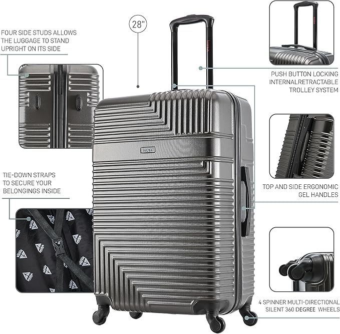 InUSA RESILIENCE Luggage with Spinner Wheels | Durable Lightweight Hardside Suitcase, Spacious Travel Bag with Handle and Trolley | 28-Inch Large Checked Luggage | Charcoal