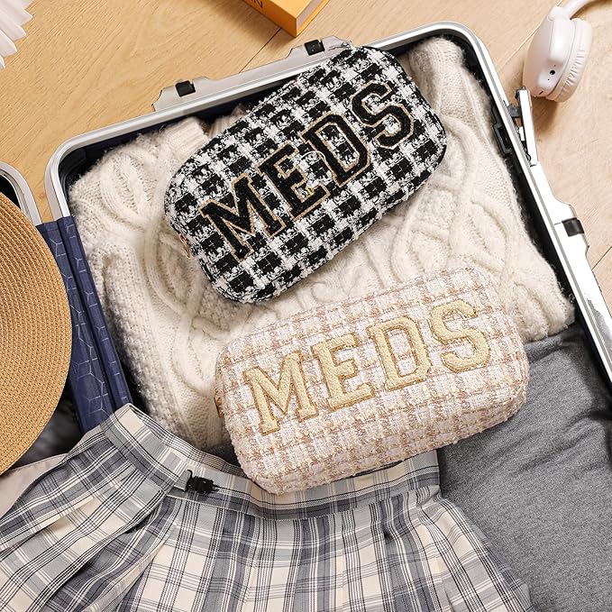 Personalized Chenille Letter Patch Checkered MEDS Bag,Cute Plaid Patter Drug Medicine Travel Makeup Bag with Zipper, Preppy Vitamin Organizer Bag for Women and Girls (06Beige Checkered)