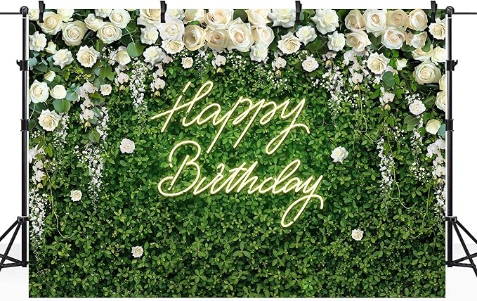Riyidecor Green Leaves Birthday Backdrop Polyester Fabric for Women Flower Wall 8Wx6H Feet White Rose Floral Elegant Happy Birthday for Girls Photography Background Birthday Party Photo Studio Shoot