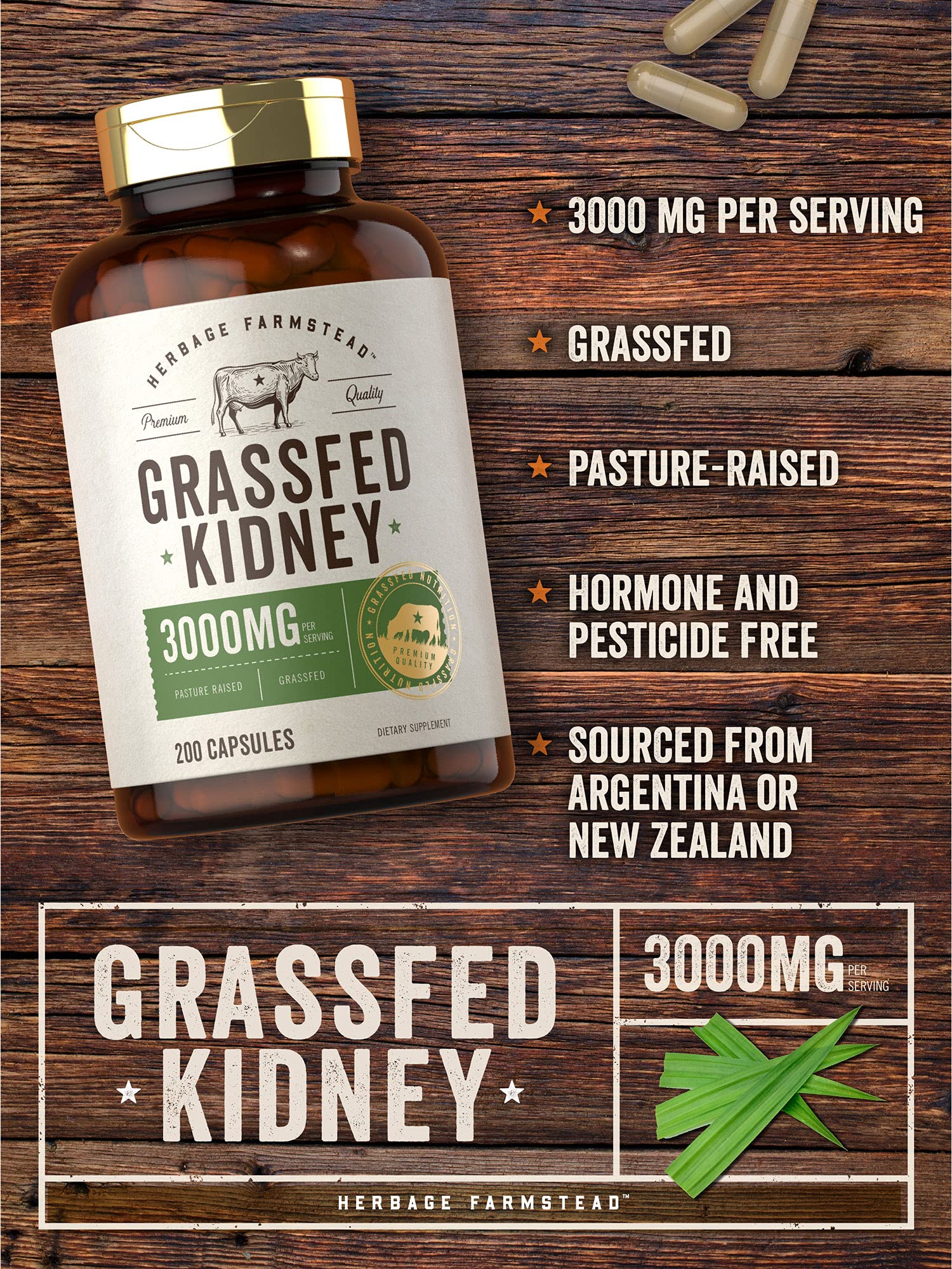 Carlyle Grass Fed Beef Kidney Supplement | 200 Capsules | 3000mg | Pasture Raised Desiccated Bovine Supplement | Hormone and Pesticide Free | Non-GMO, Gluten Free | by Herbage Farmstead