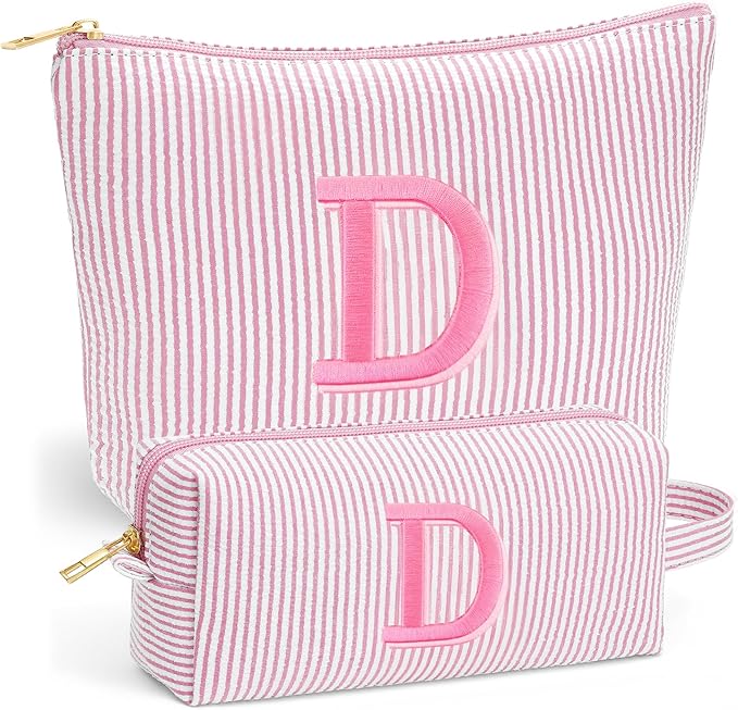 Travel Essentials - Portable Travel Makeup Bag Set for Women, Custom Portable Initial Travel Toiletry Bag, Makeup Pouch Organizer Cosmetic Bag Birthday Gifts for Women, Light Pink Letter D