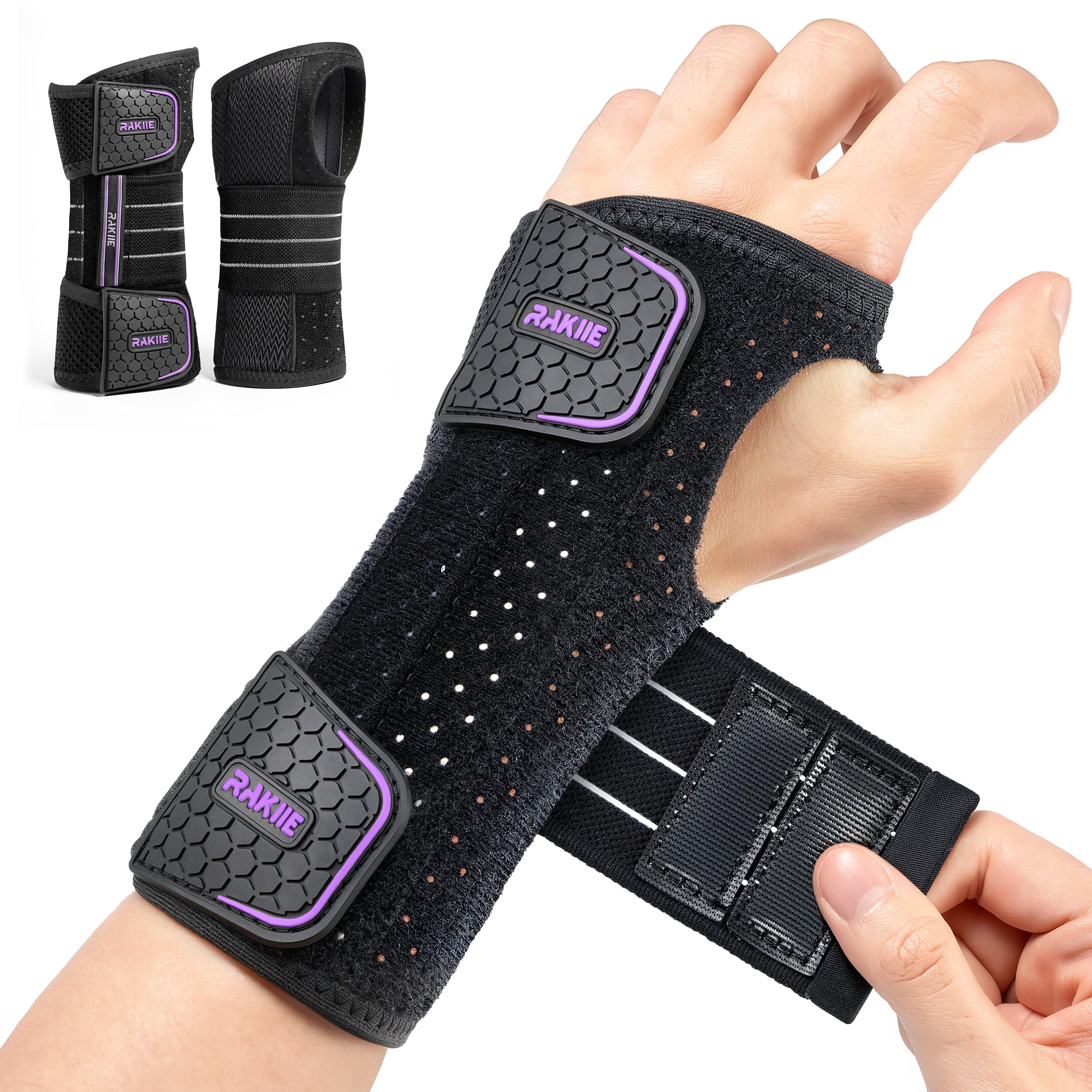 Rakiie 2 Pack Carpal Tunnel Wrist Braces, Adjustable Night Wrist Support with 3 Metal Splints, Hand Stabilizer for Men Women No Pressure on Thumb, Right and Left Hand (Purple, M)