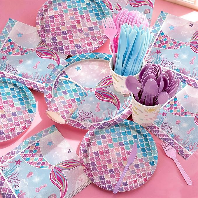 168PCS Mermaid Party Supplies for Birthday Watercolor Summer Party Decorations Plates Cups Napkins Tableware 24 Guests