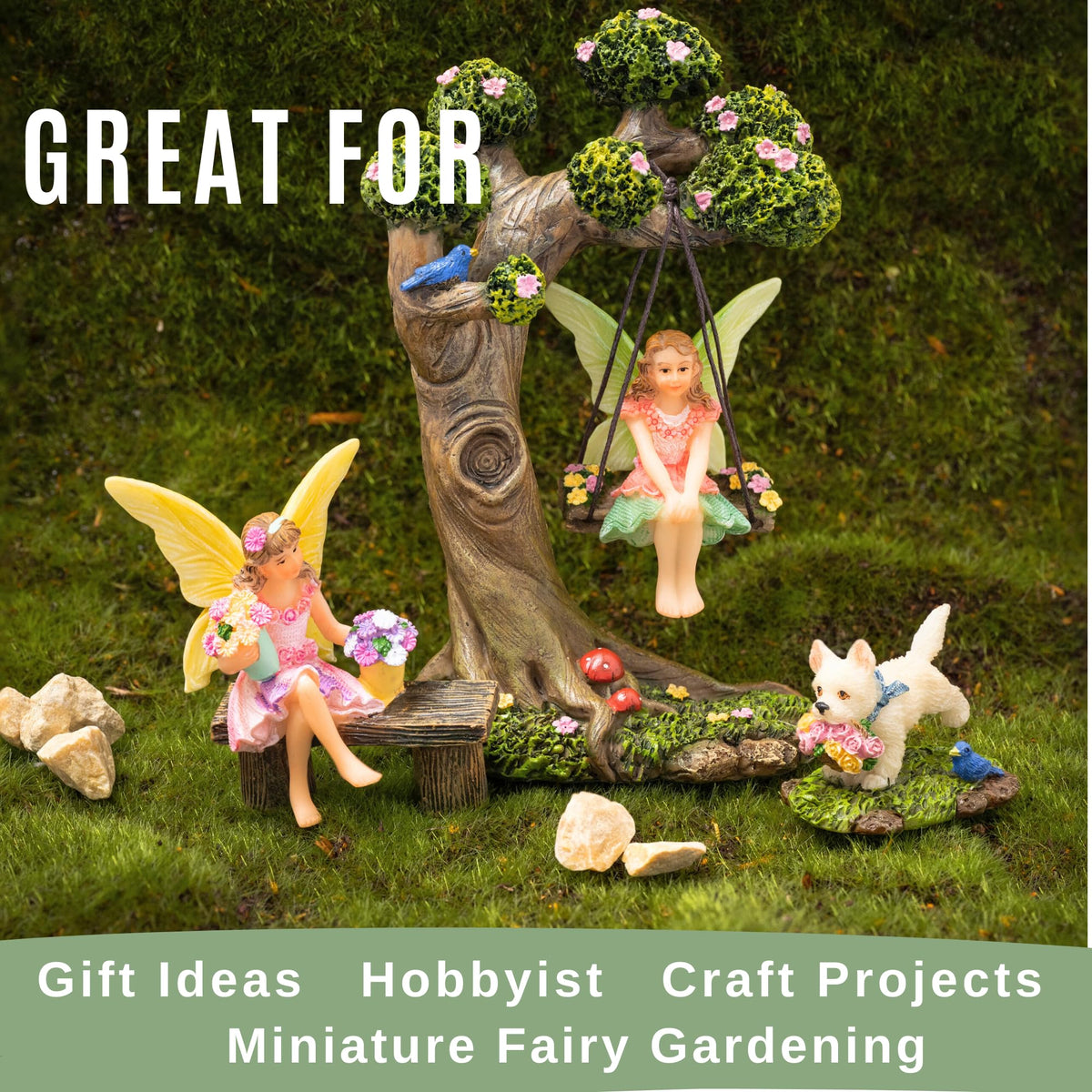 PRETMANNS Fairies for Fairy Garden - 4 Piece Set with Tree Swing